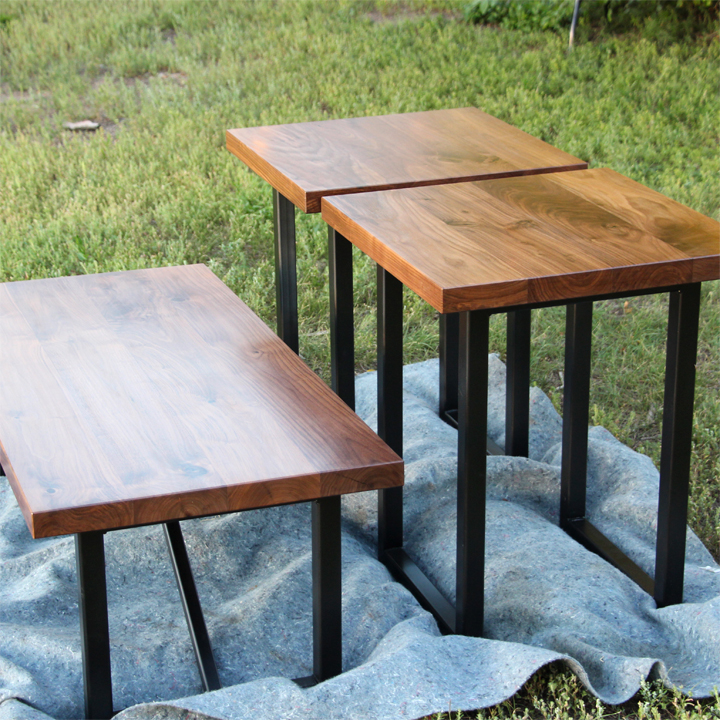 Black Walnut Coffee and End Tables with Modern Steel Bases